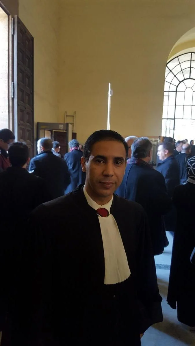 Chamlale Abdelhak Esq in traditional Moroccan attorney robe at the Casablanca courthouse